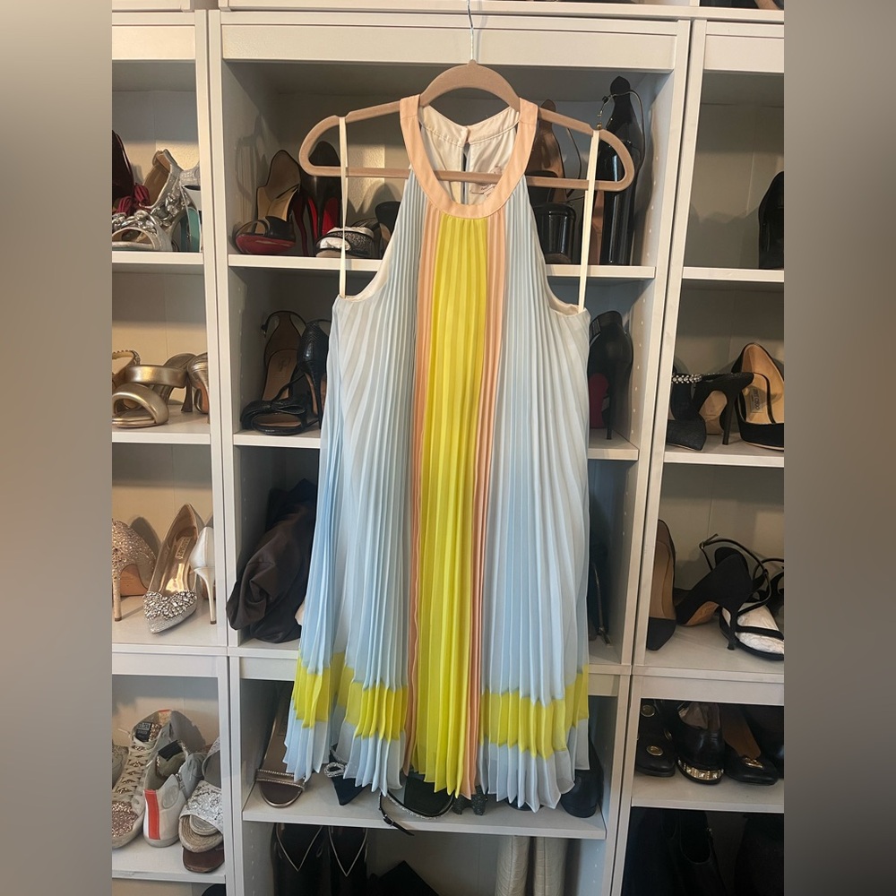 Ted Baker Blue and Yellow Pleated Halter Sundress